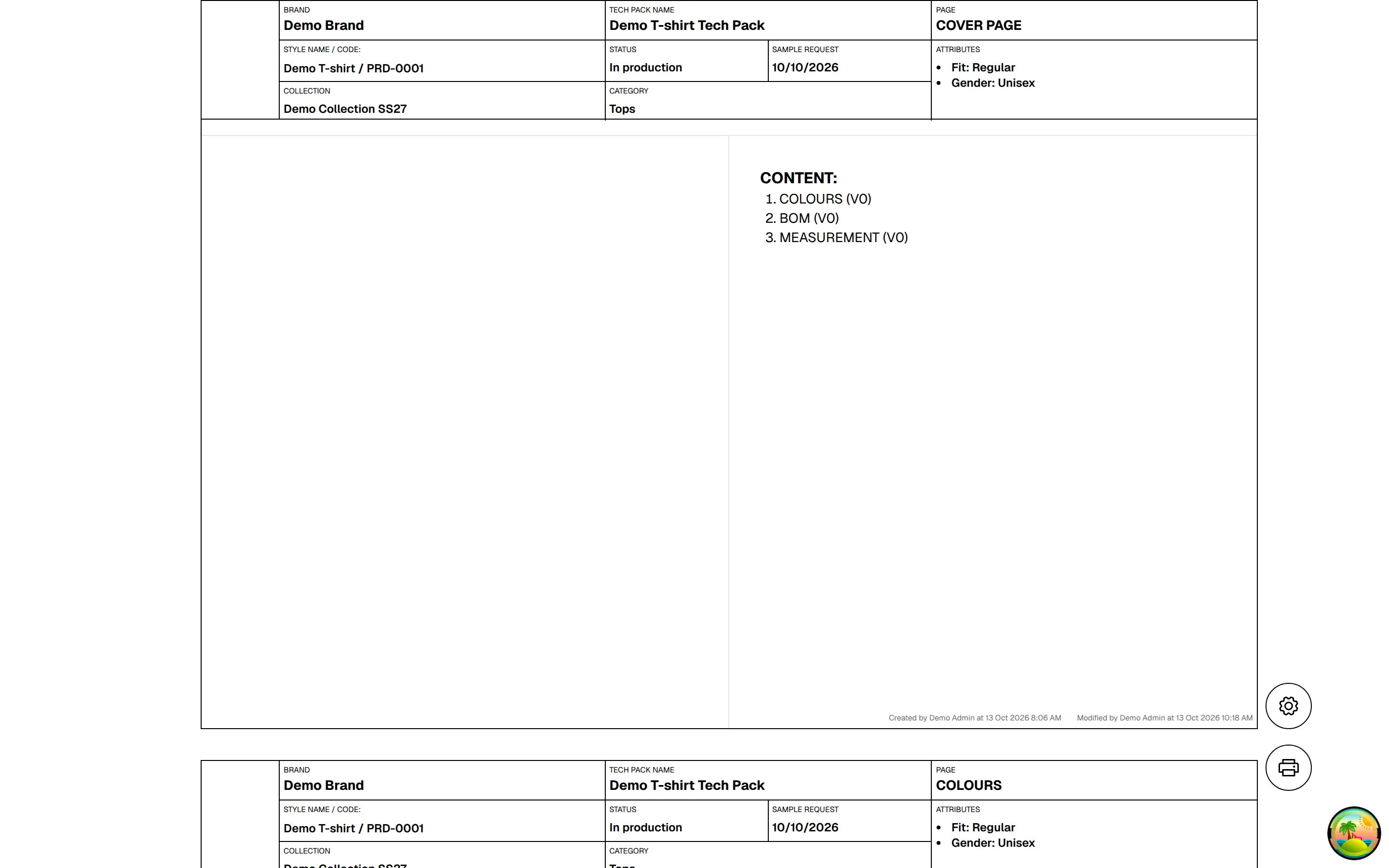 The print view of the tech pack with the first page and the gear and print icons at the bottom right