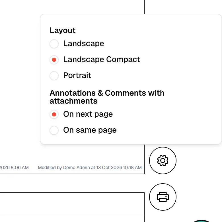 The Layout options Landscape, Landscape Compact and Portrait and the Annotations & Comments options, opened from the gear icon