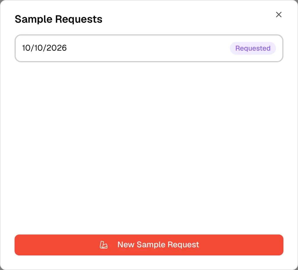 The Sample Requests list of the tech pack with one request and its status badge