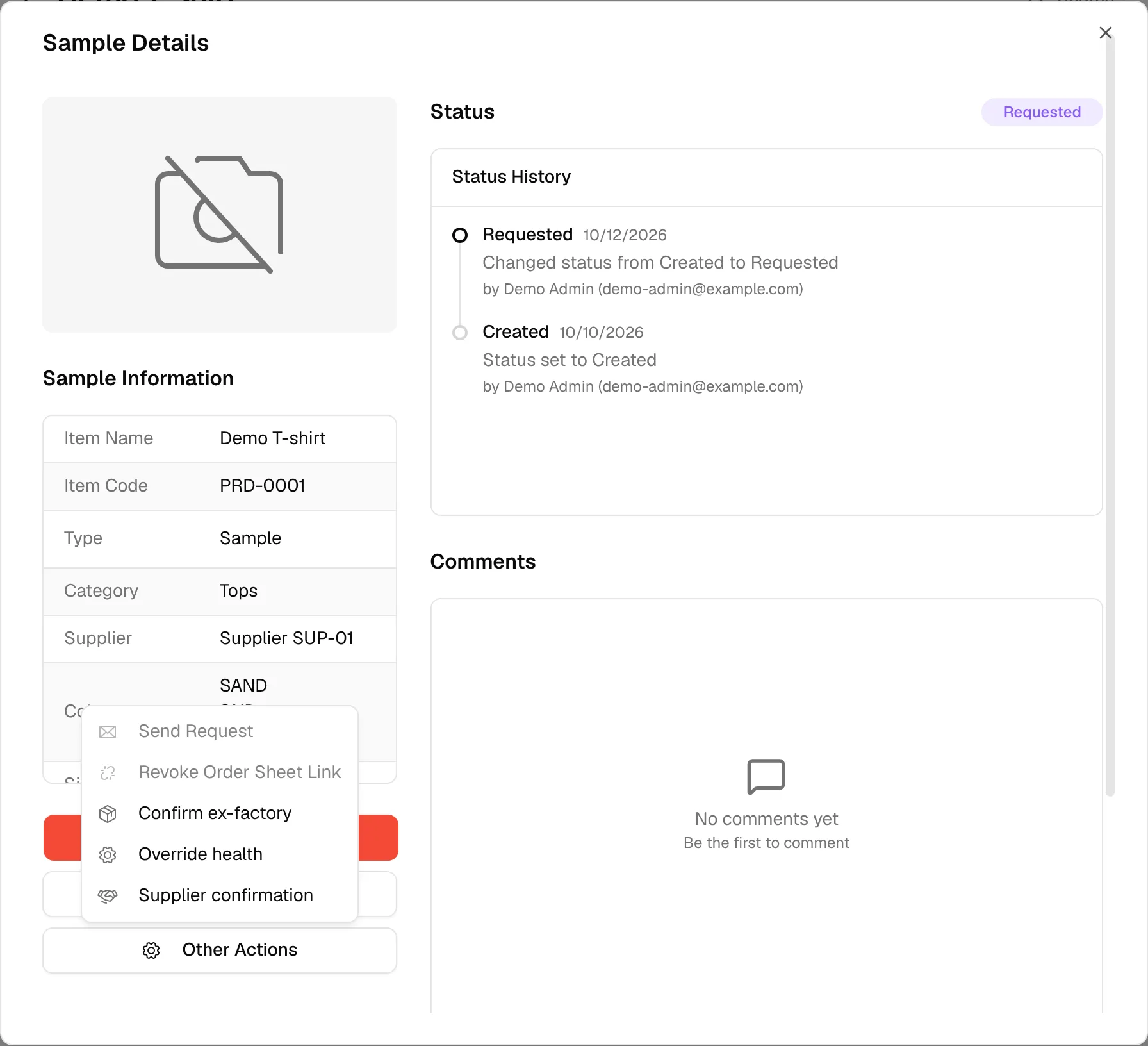 The Other Actions menu with Send Request and Revoke Order Sheet Link both greyed out for a sample that is not in the Created status