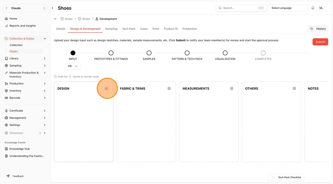 Click the + (plus) icon in the top-right corner of the column where you want to add a card (e.g., DESIGN, FABRIC & TRIMS,…