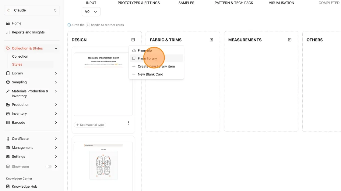 Click the + icon on the desired column, then select From library.