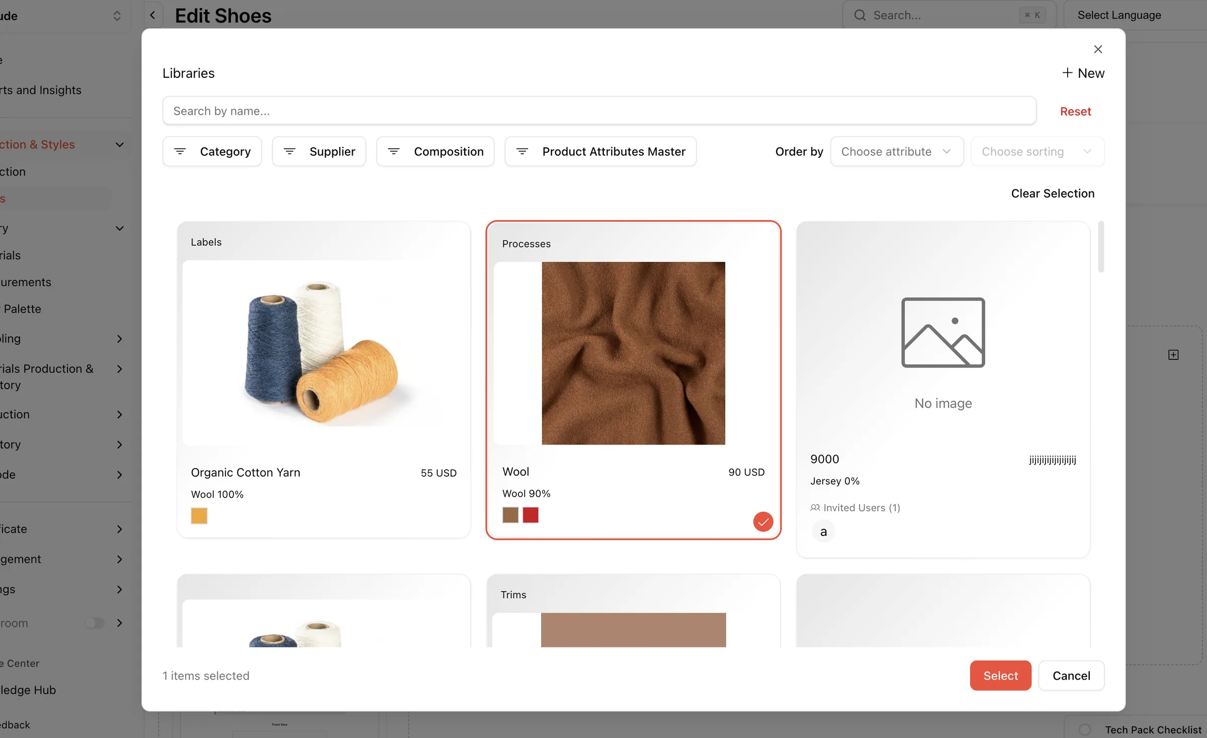 Click Select to add the chosen item as a card in the column.