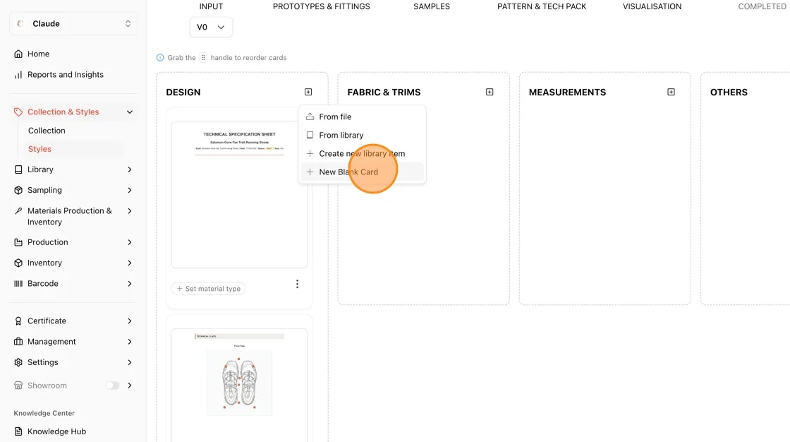 Click the + icon on the desired column, then select New Blank Card.