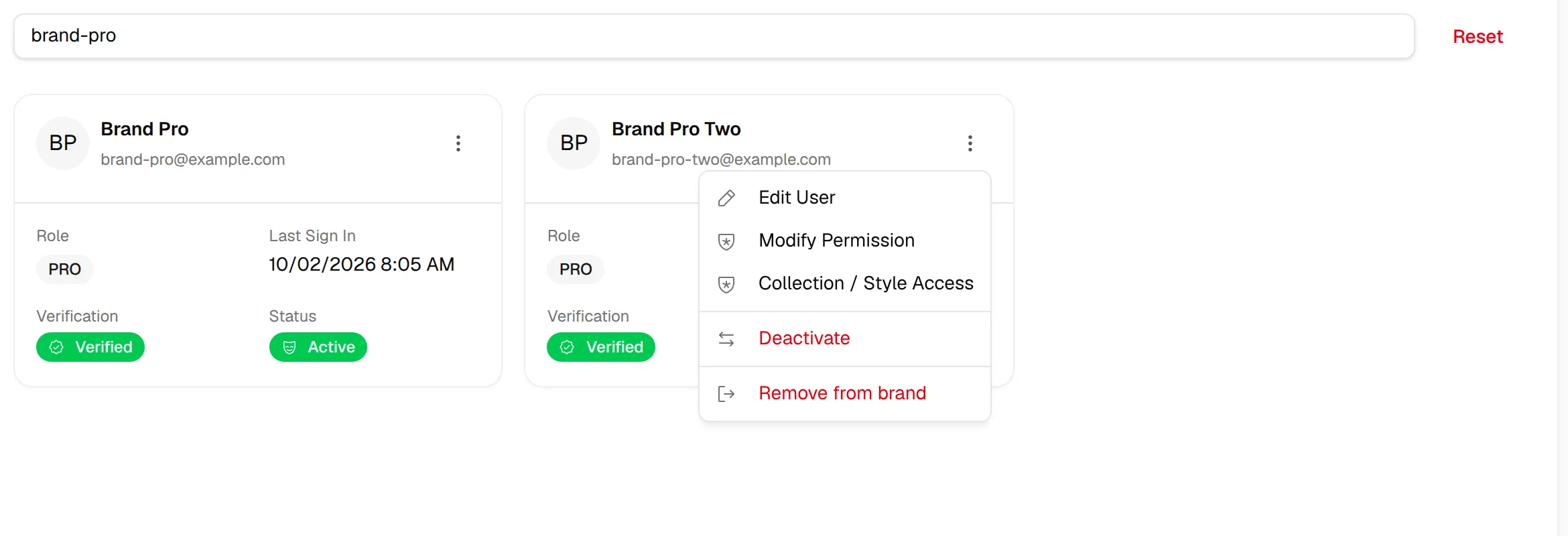 The three dots menu of a user card with Collection / Style Access among the actions
