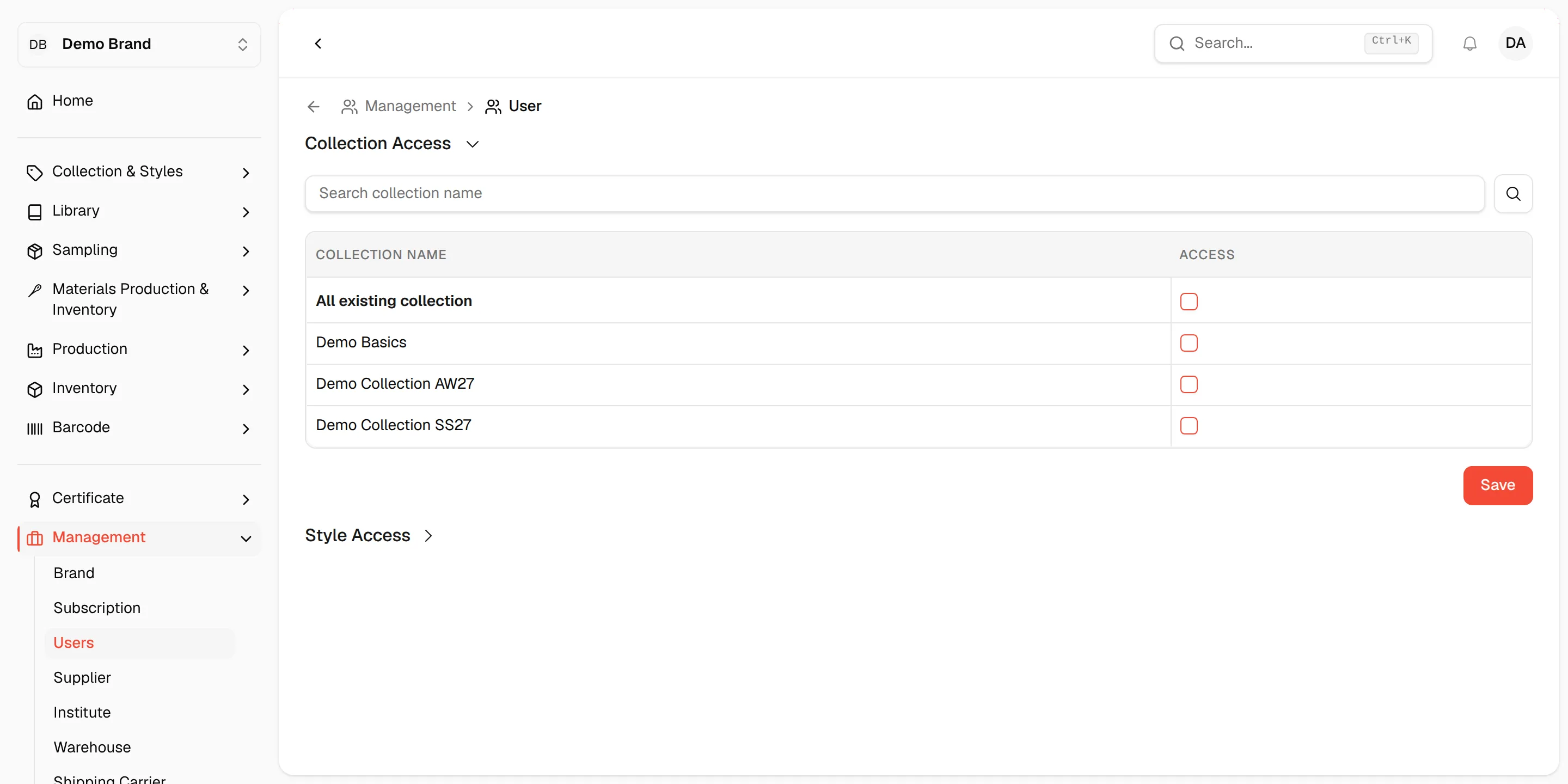 The expanded Collection Access section with the search field, the collections and the Save button