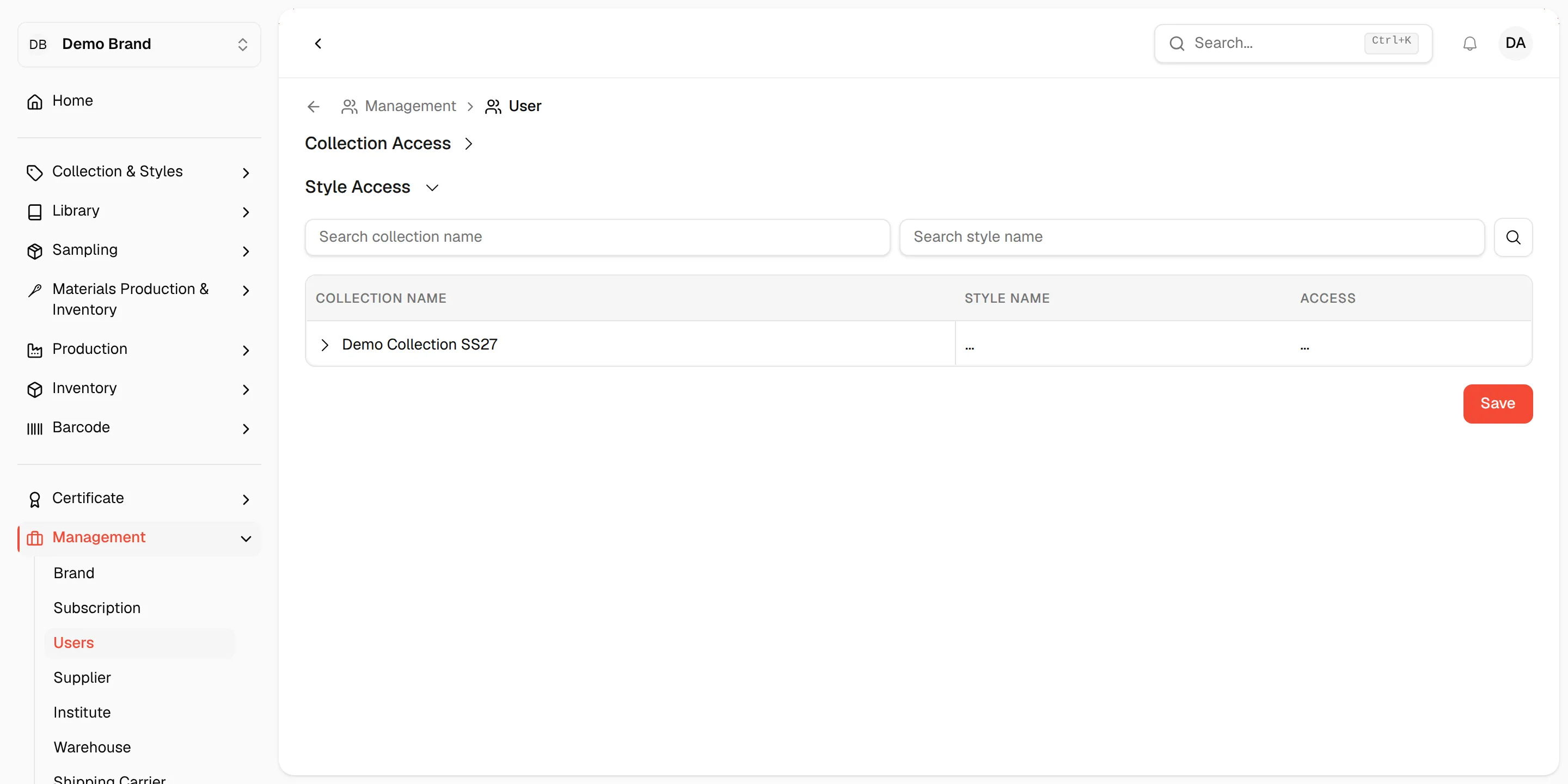 The expanded Style Access section with the search field, the styles grouped by collection and the Save button