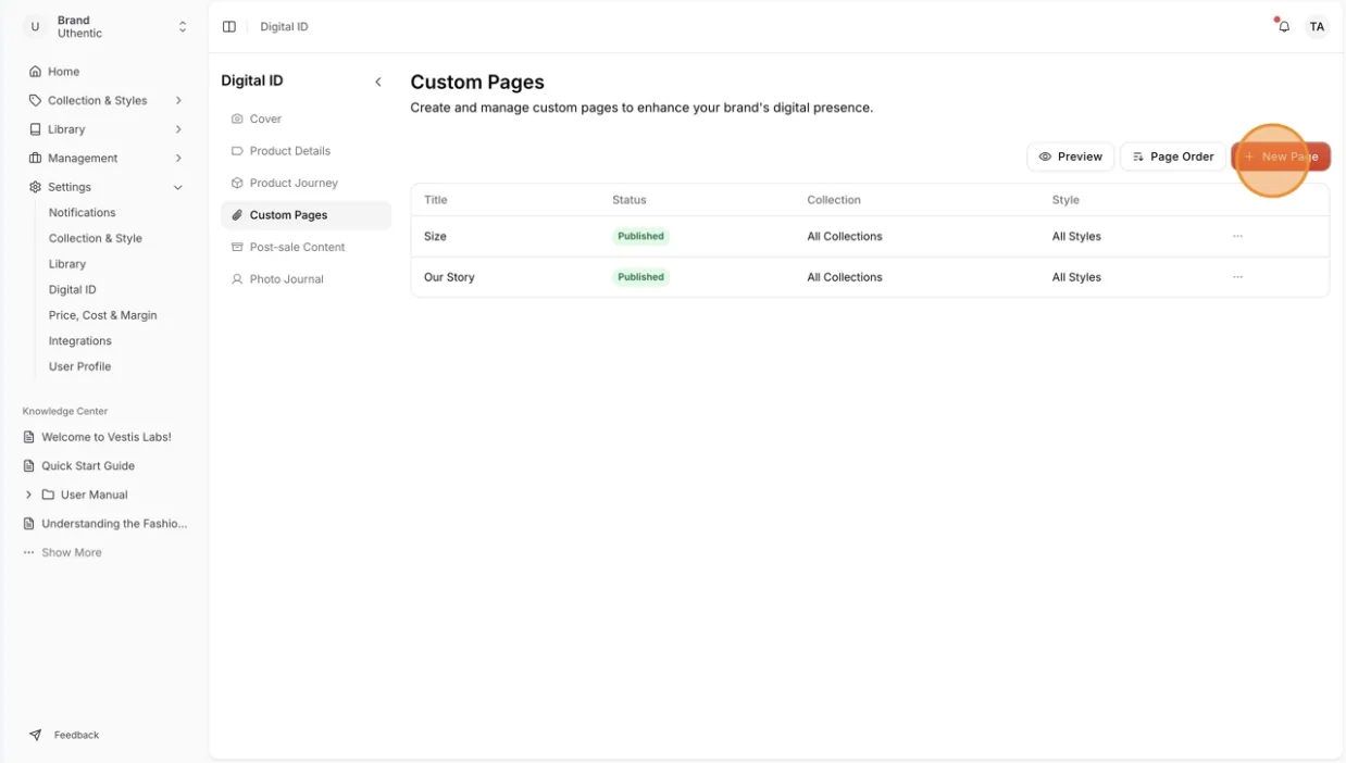 Click "+New Page" on the top right hand of the custom page.