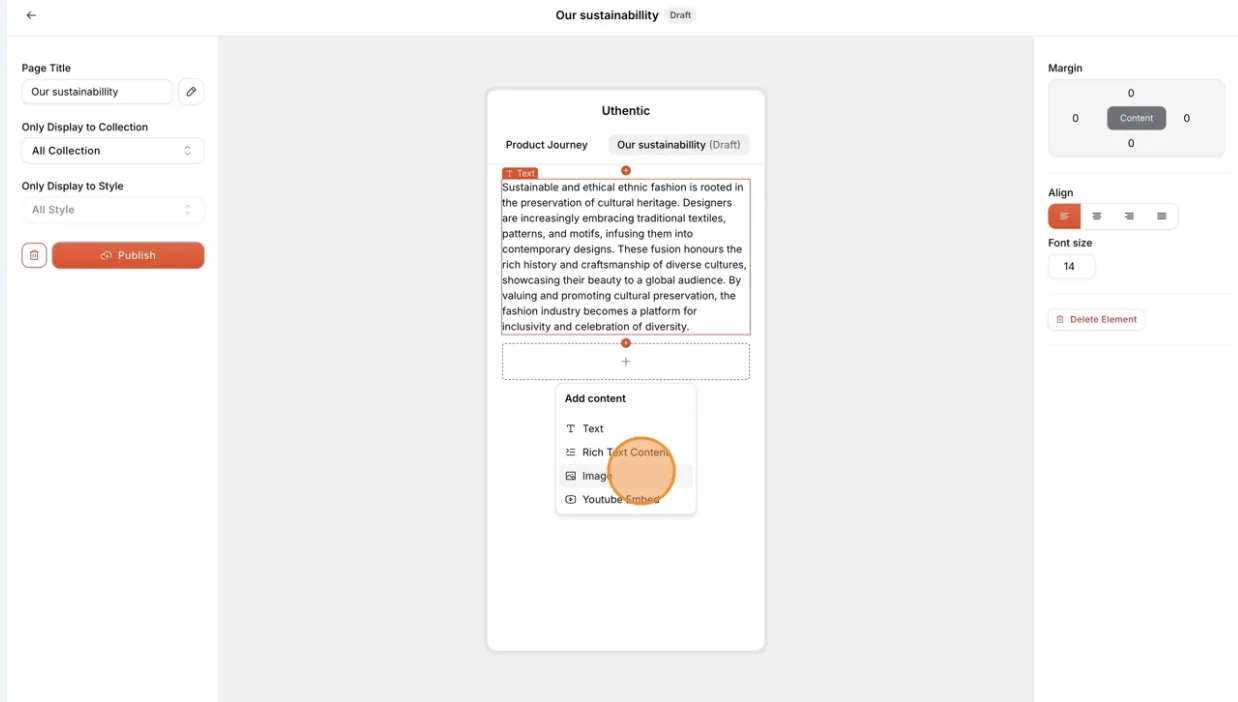 To add an image to the custom page, select + Image on the dropdown options.