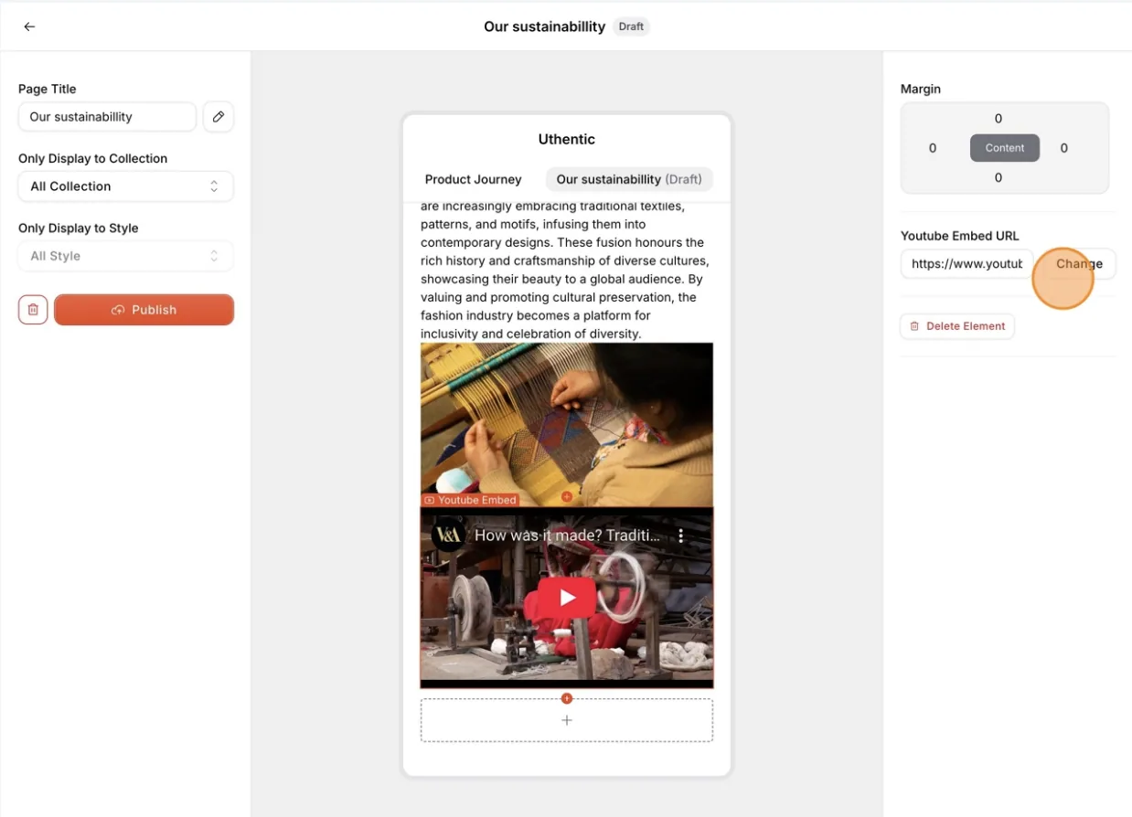 On the right section, you can change the YouTube embed video or delete the element.