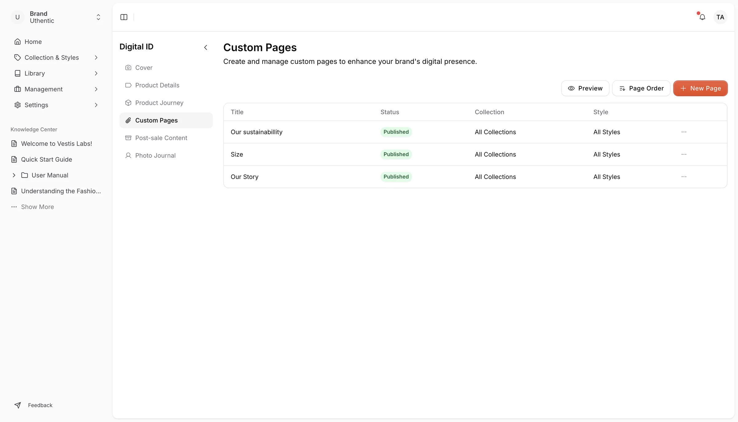 The Custom Page stores all the created Custom Pages in Vestis Labs.