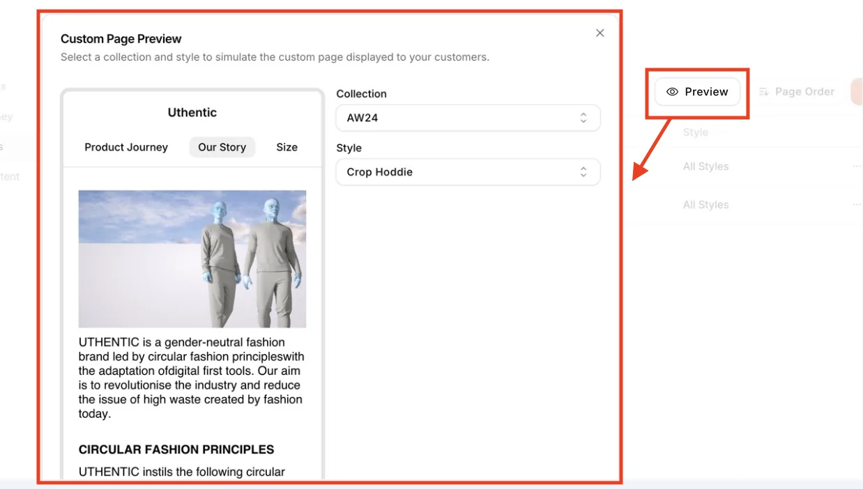 Preview: allows users to see the preview of the content from the custom page.