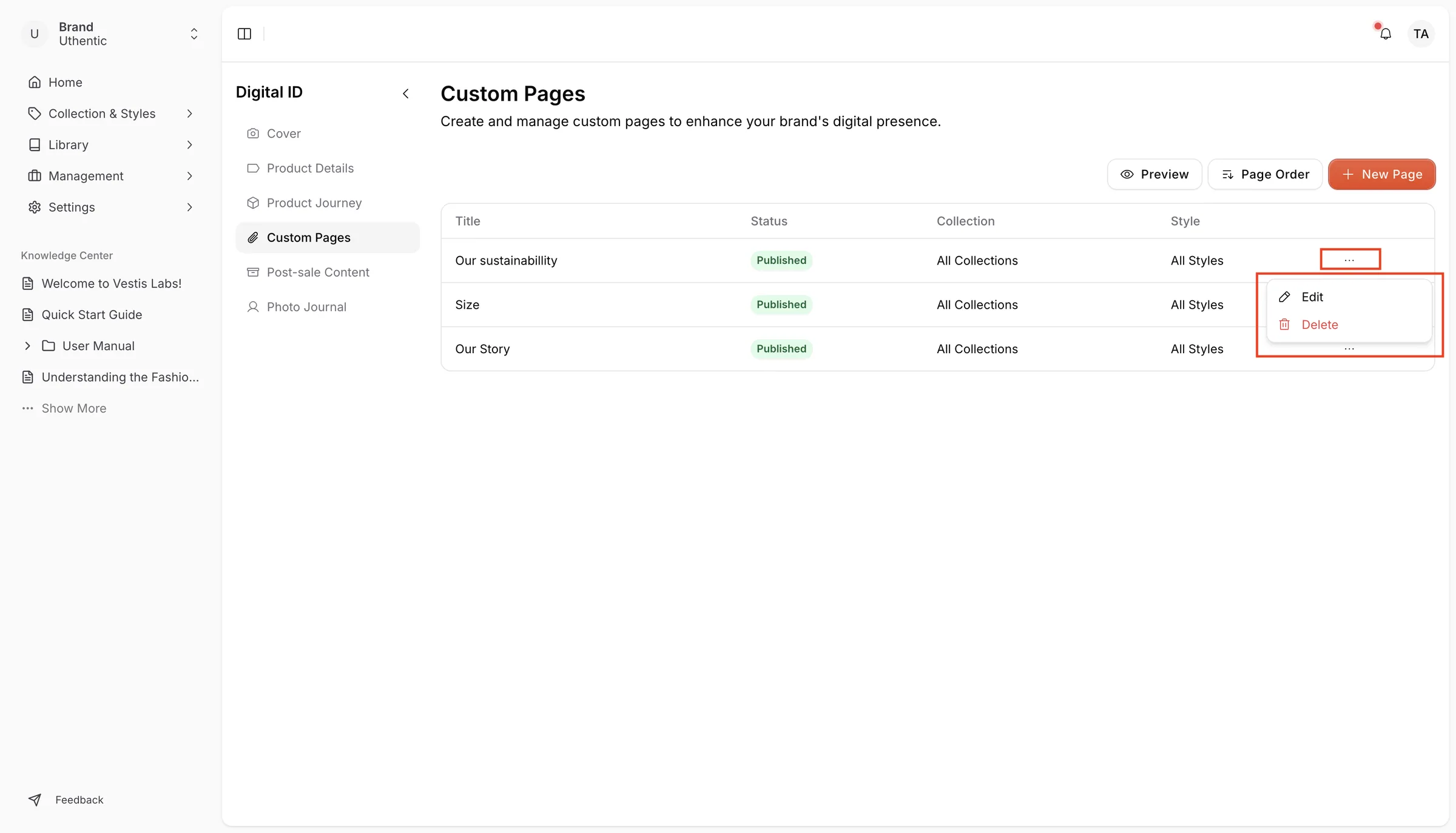 Three dots to select action for the selected collection to Edit or Delete.