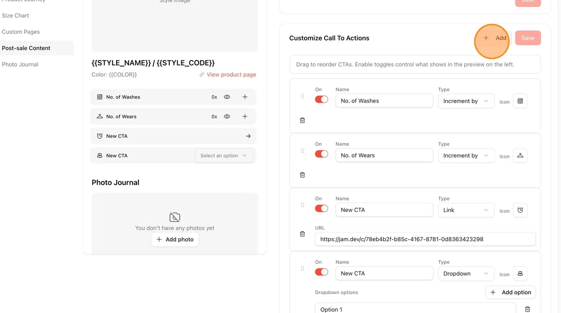 To add a new CTA, click the + Add button in the top-right of the Customize Call To Actions section.