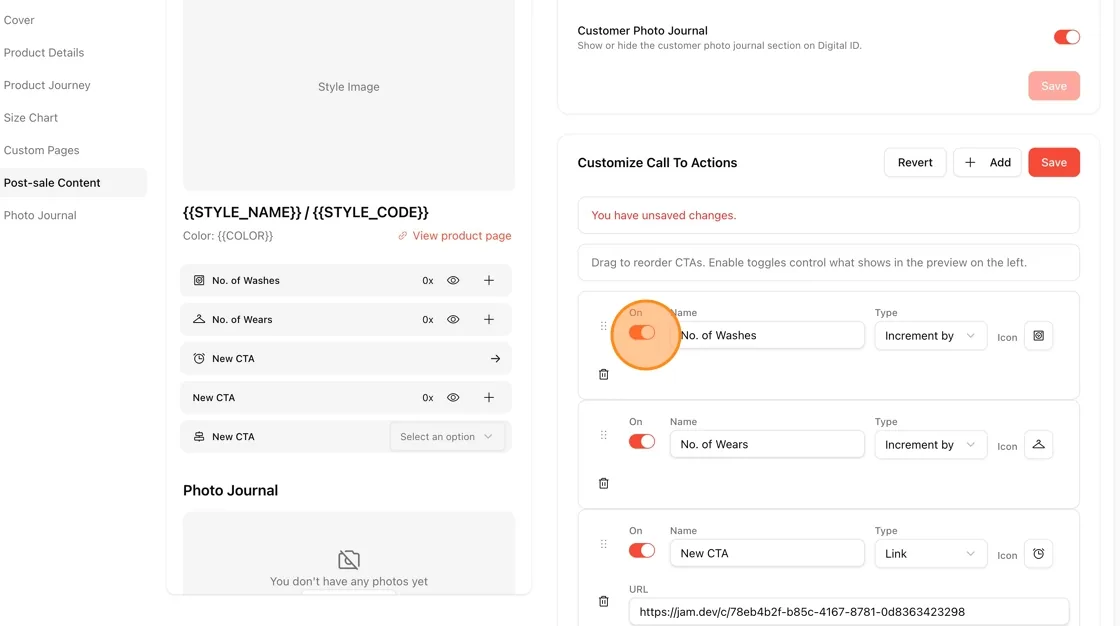 For each CTA row, use the On/Off toggle on the left to enable or disable that CTA.