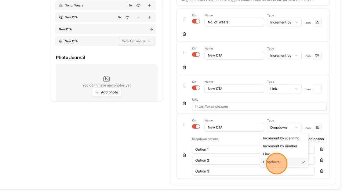 If you selected the Dropdown type: A Dropdown options section will appear.