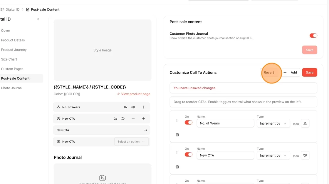 To discard your changes and revert to the previously saved settings, click the Revert button next to the Save button.