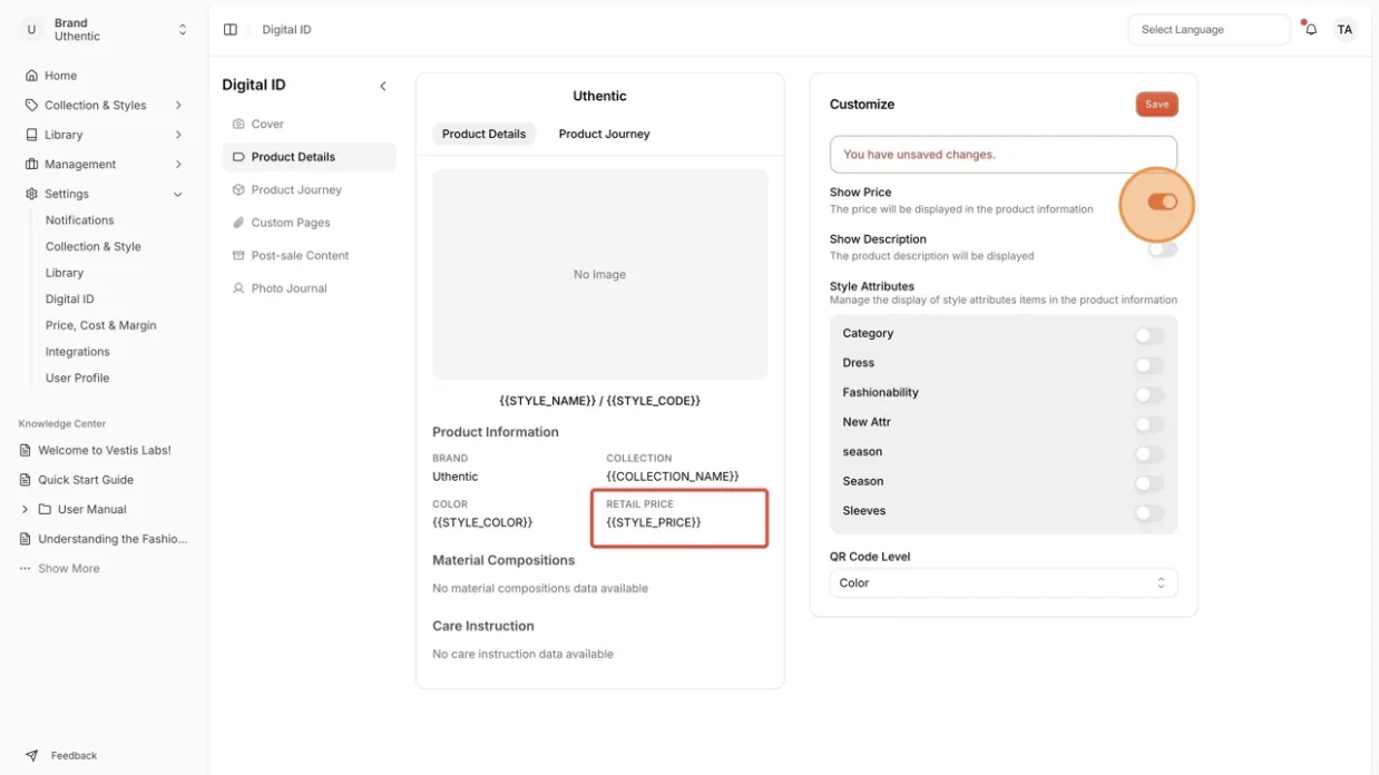 Show price: users can show or hide the price in the product information.