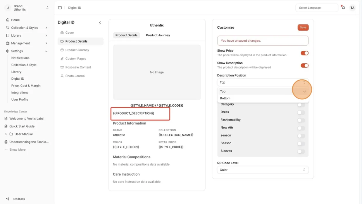 The Product Description location if users choose the "Top" the product information preview on your Digital ID.