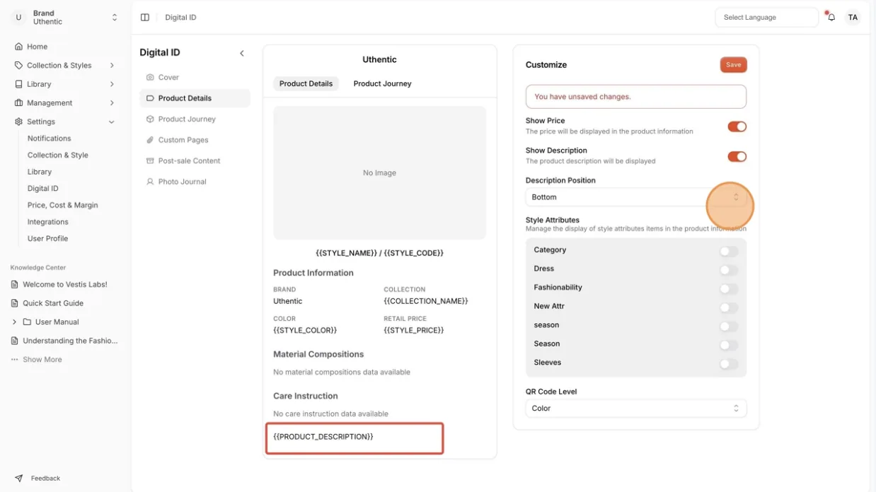 The Product Description location if users choose the "Bottom" of the product information preview on your Digital ID.
