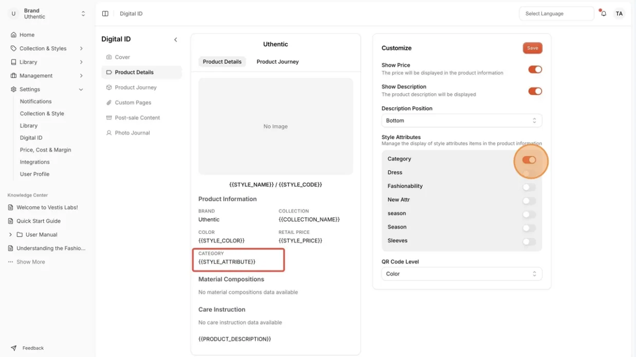 Style attributes: Users can show or hide Style Attributes.