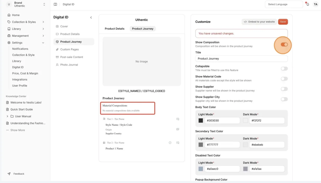 Show Composition: Users can show or hide the composition of the Style/Product in the product journey.