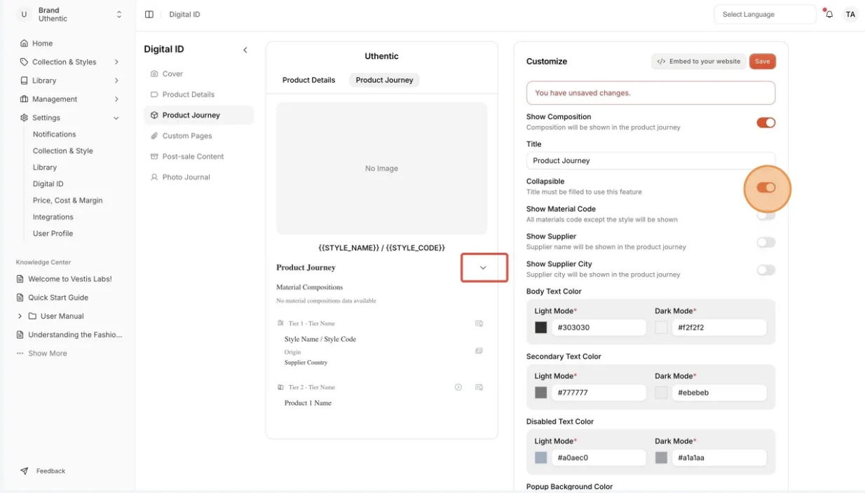 Collapsible: Users can show or hide the tier supply chain of the style of the product journey on Digital ID.