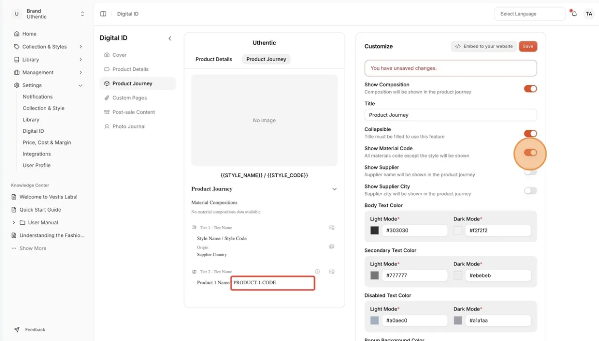 Show Material Code: The material code will be displayed in the product journey next to the product name.