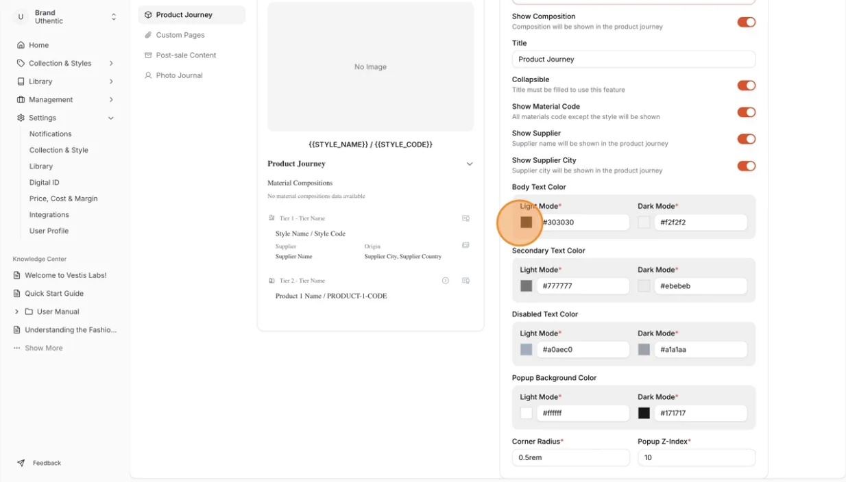 Users can edit the body text color, secondary text color, disabled text color, and the Popup Background Color in light mode…