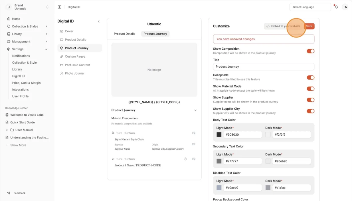 Users can embed your product journey to the website using Embed to your website next to the save button.