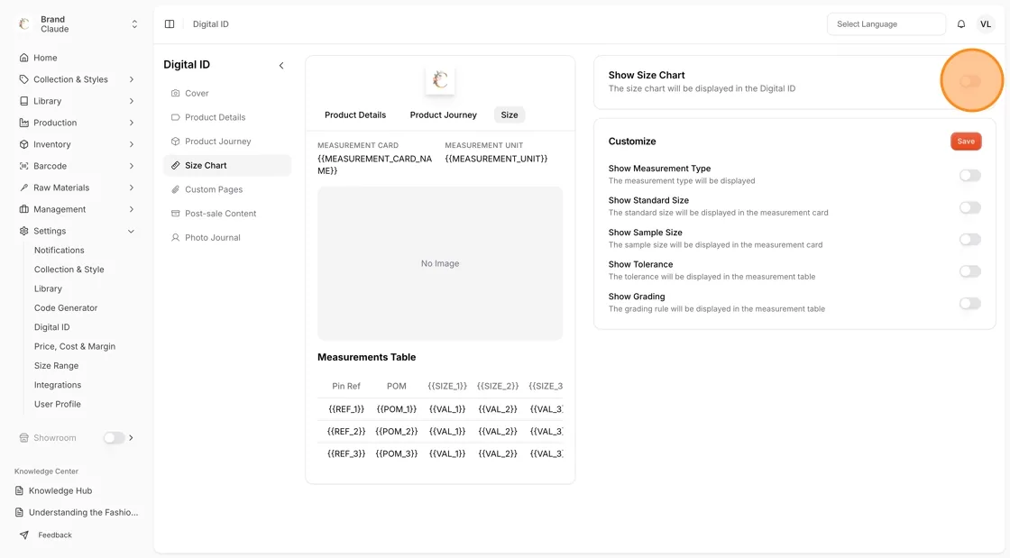 Use the toggle to activate or deactivate the Size Chart.