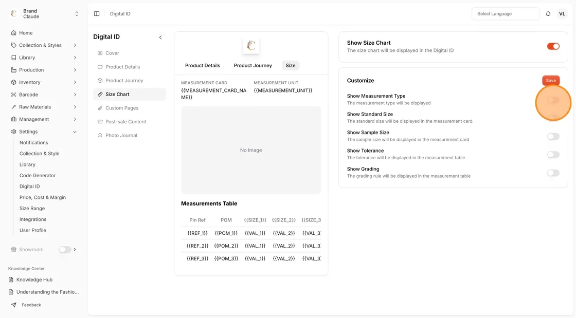 Use the toggle to customize the size chart information and select the information to be displayed on the Digital ID:
