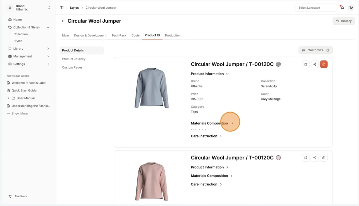 On the product detail page, you can see the product information, material composition, and care instructions.