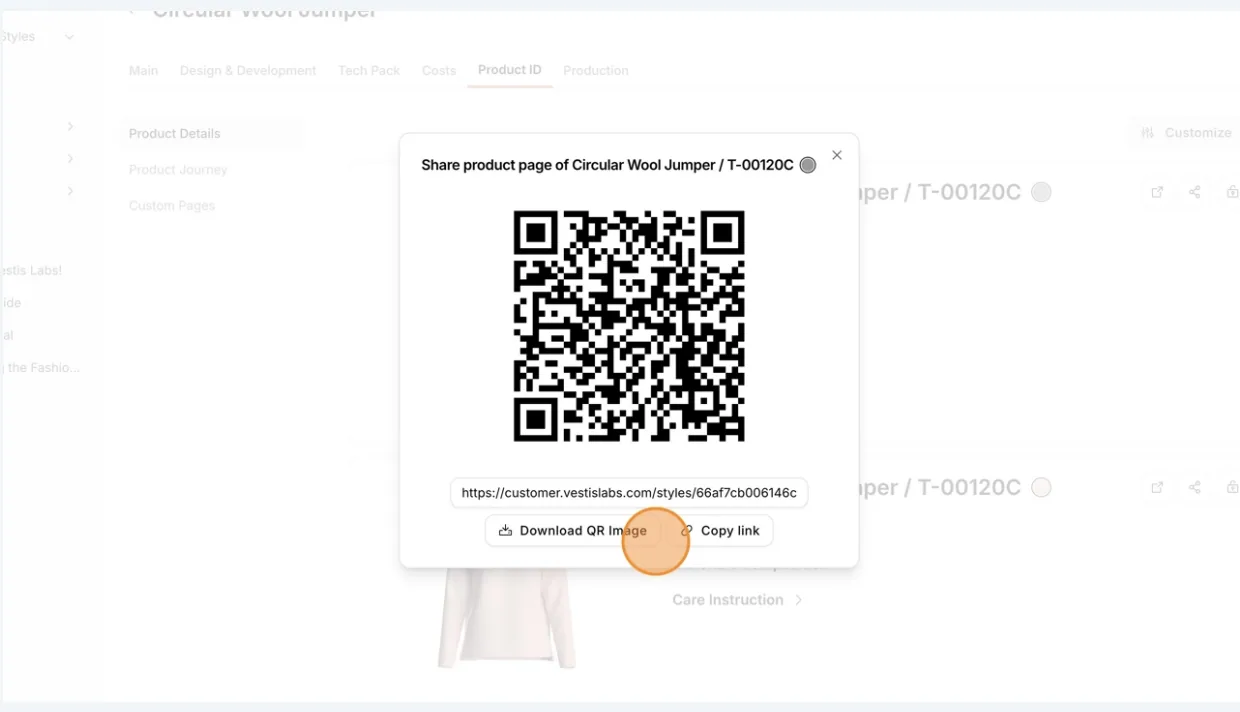 Select Download QR Image to download the QR Code or select Copy link to copy the link address to your product digital ID.