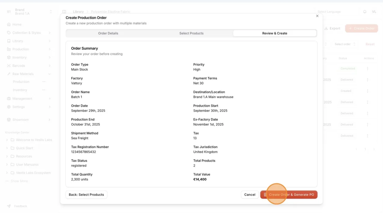 Carefully review all the order details, including product quantities, dates, tax information, and notes.