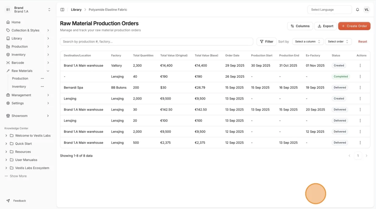 After creation, the page navigates to theRaw Material Production Orders to manage the created order list.
