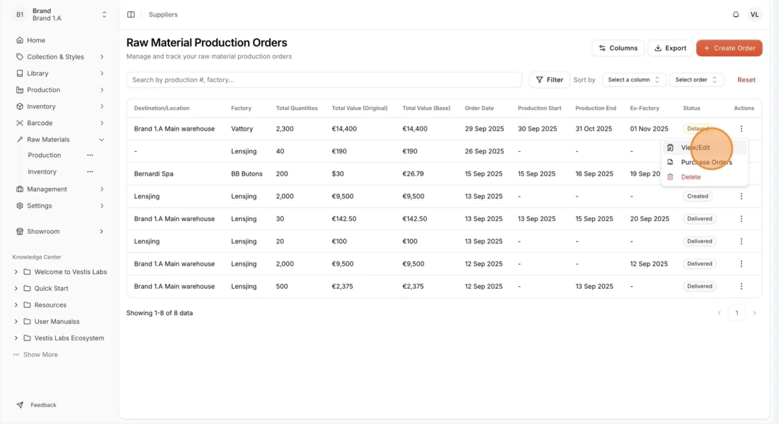 On the Raw Material Production Orders Dashboard, select the three-dot action button View/Edit to review and update your…