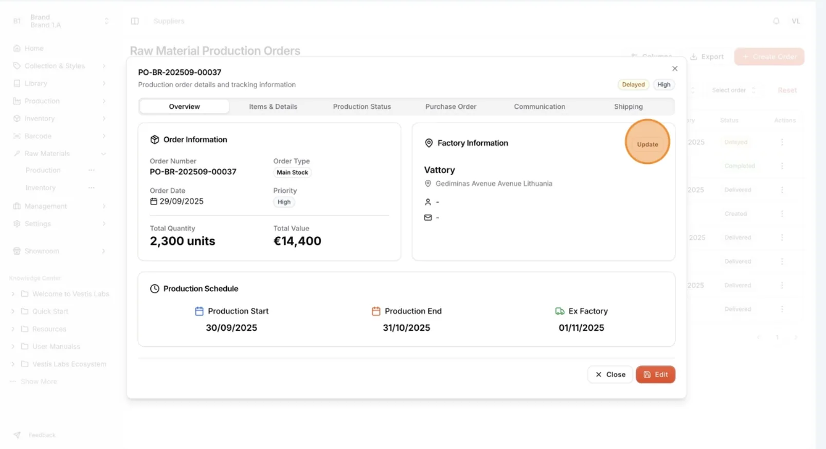 On the Overview Page, Users can update the Factory Information by selecting 'Update'.