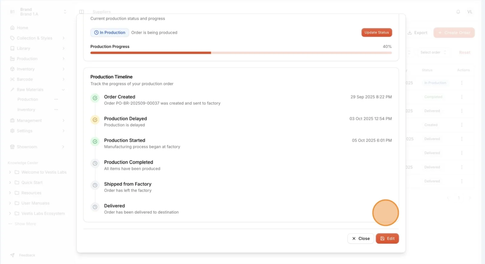 On the Production Status page, users can view the current status or update the production progress.