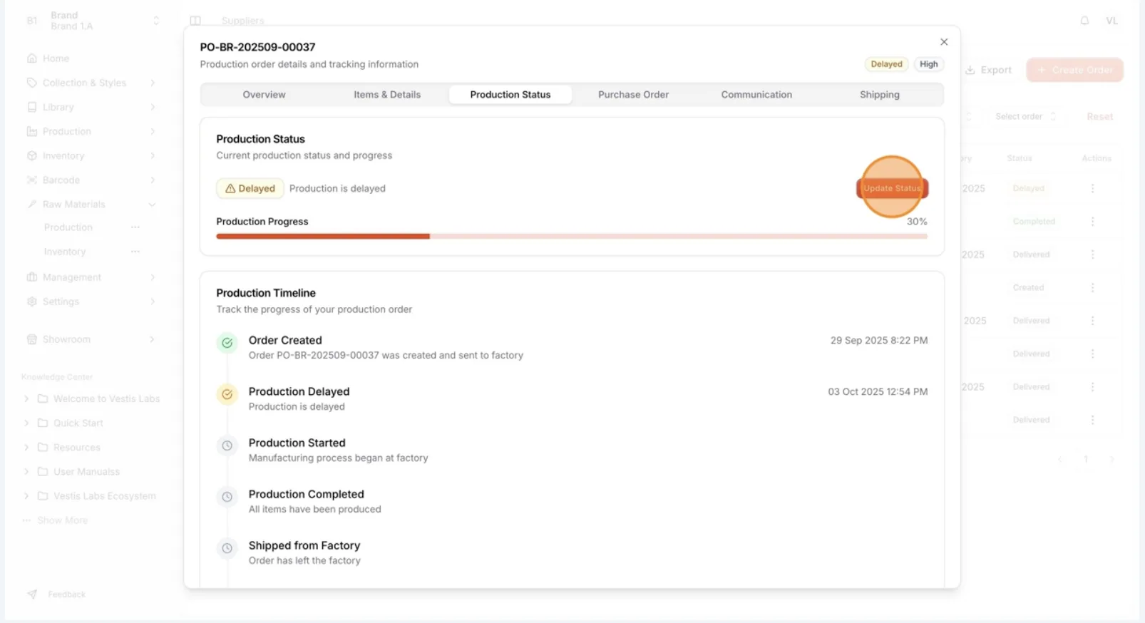 Select 'Update Status' to change the production status and adding notes for the factory and team