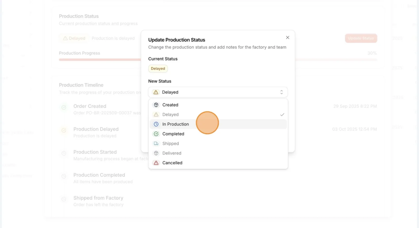 Select the 'New Status' you want to apply to update the current production status.