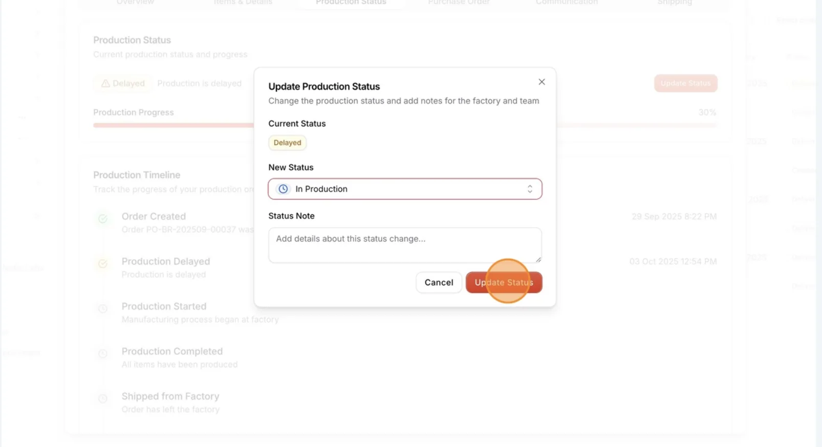 Users can add a note for the factory before selecting 'Update Status' to save the changes.