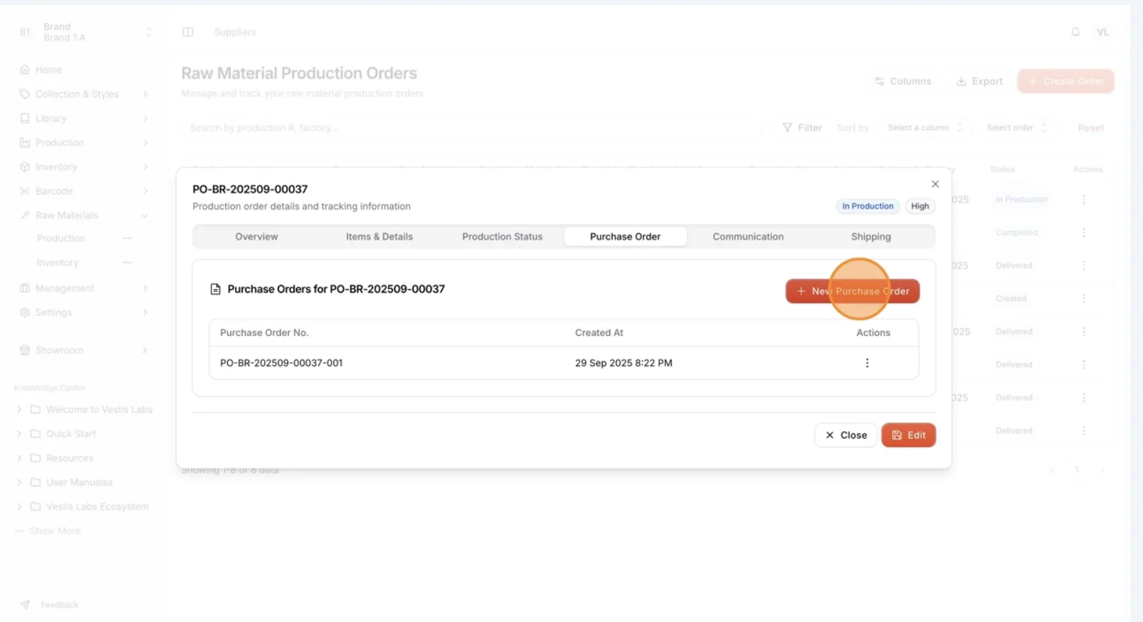 Select 'New Purchase Order' to create a new batch of purchase orders linked to the related Production Order.