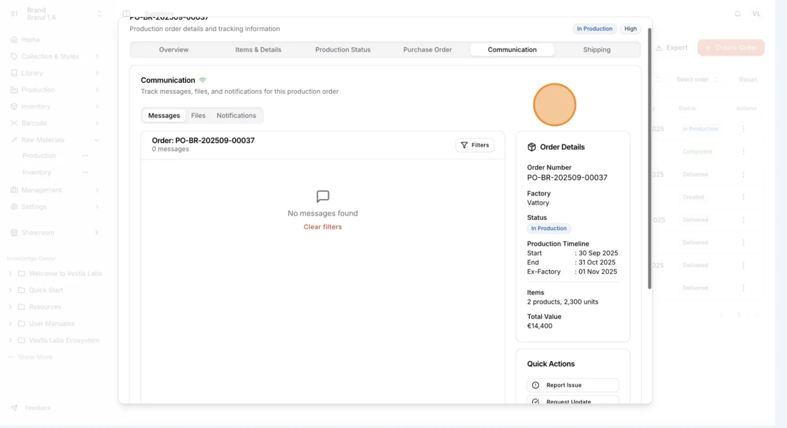 On the Communication page, users can view and manage all messages, files, and notes related to their production orders.