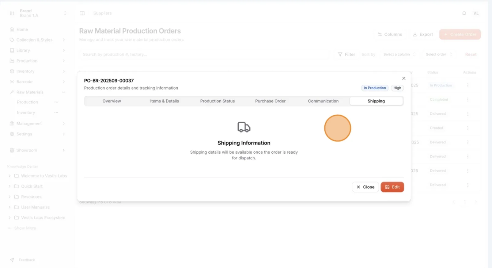 On the Shipping page, users can track, manage, and update the shipment details for their production orders.