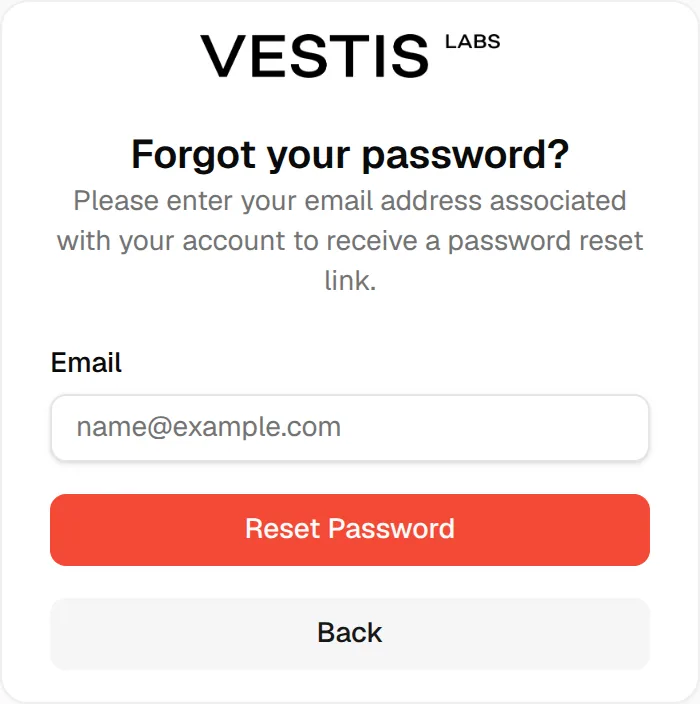 The Forgot your password? card with an Email field, Reset Password and Back buttons