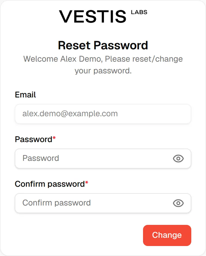 The change password page greeting the user with a read-only email and two password fields