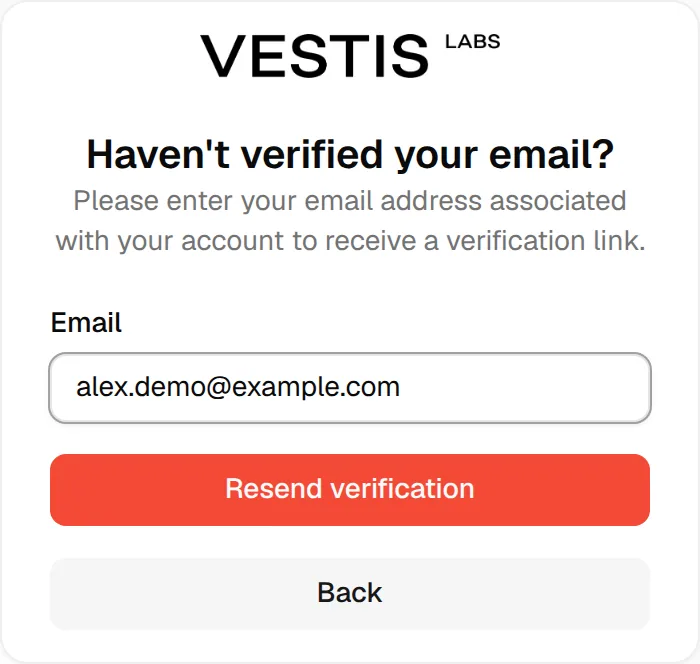 The Haven't verified your email? card with an Email field filled in and Resend verification