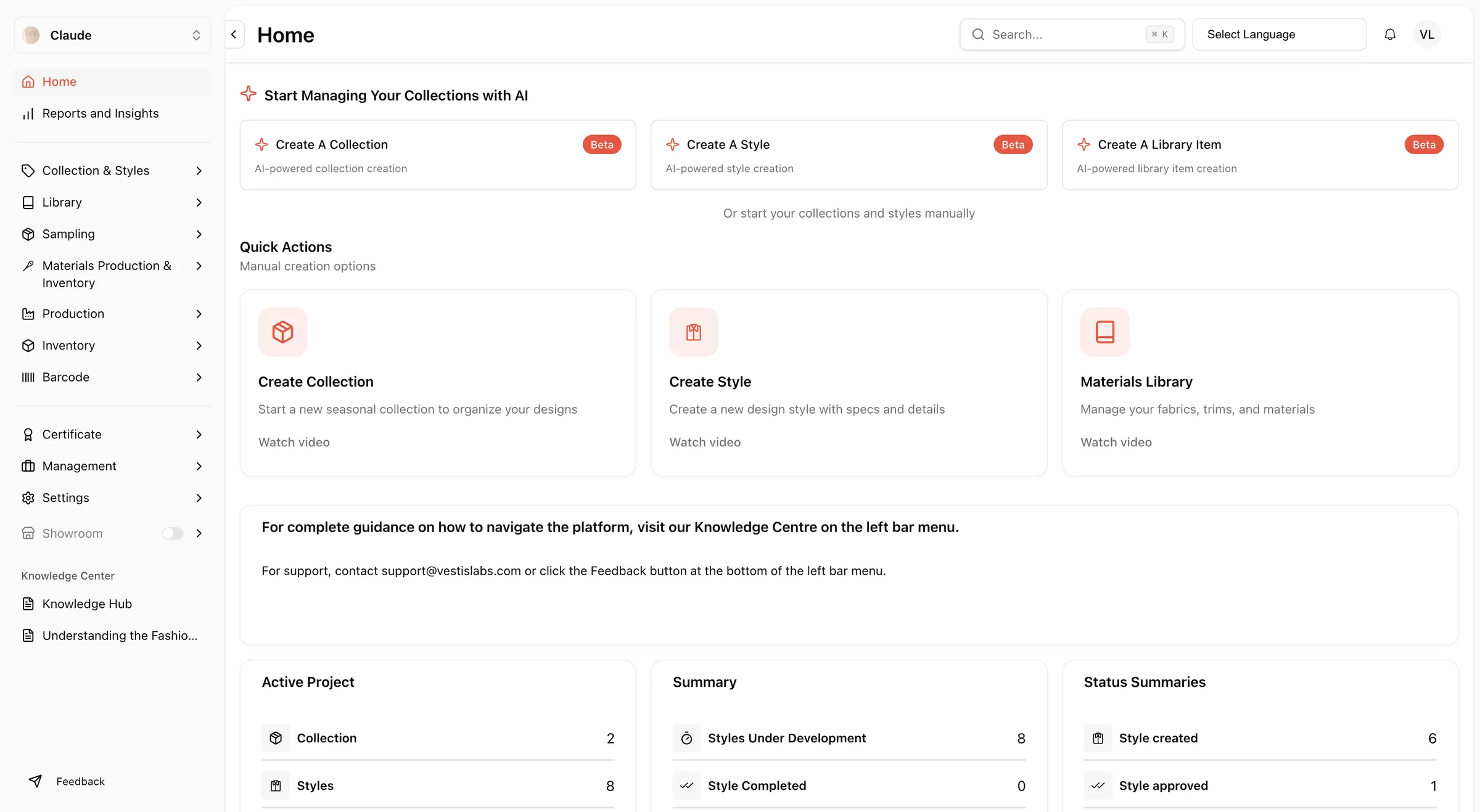 Home is the landing page after you sign in.