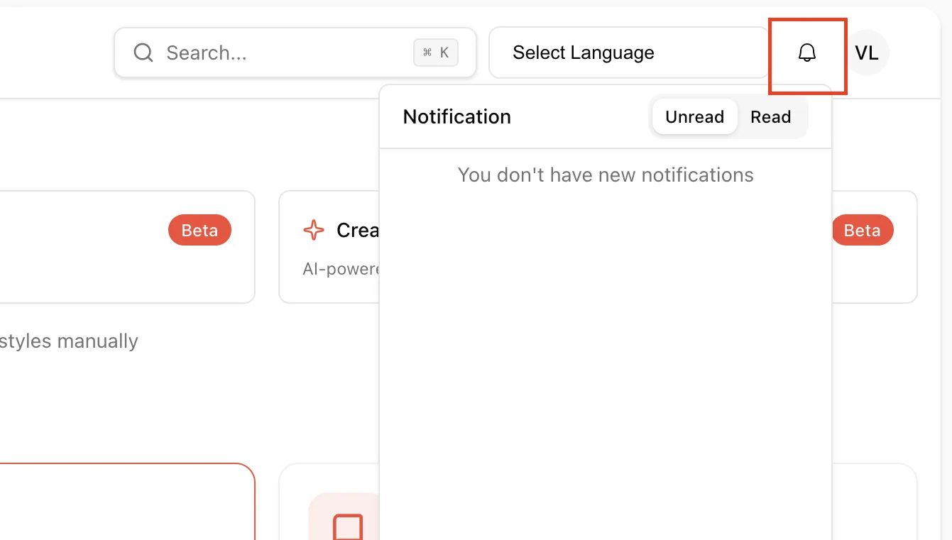Opens your notification center, showing alerts such as style status changes, approvals awaiting your review, or comments…